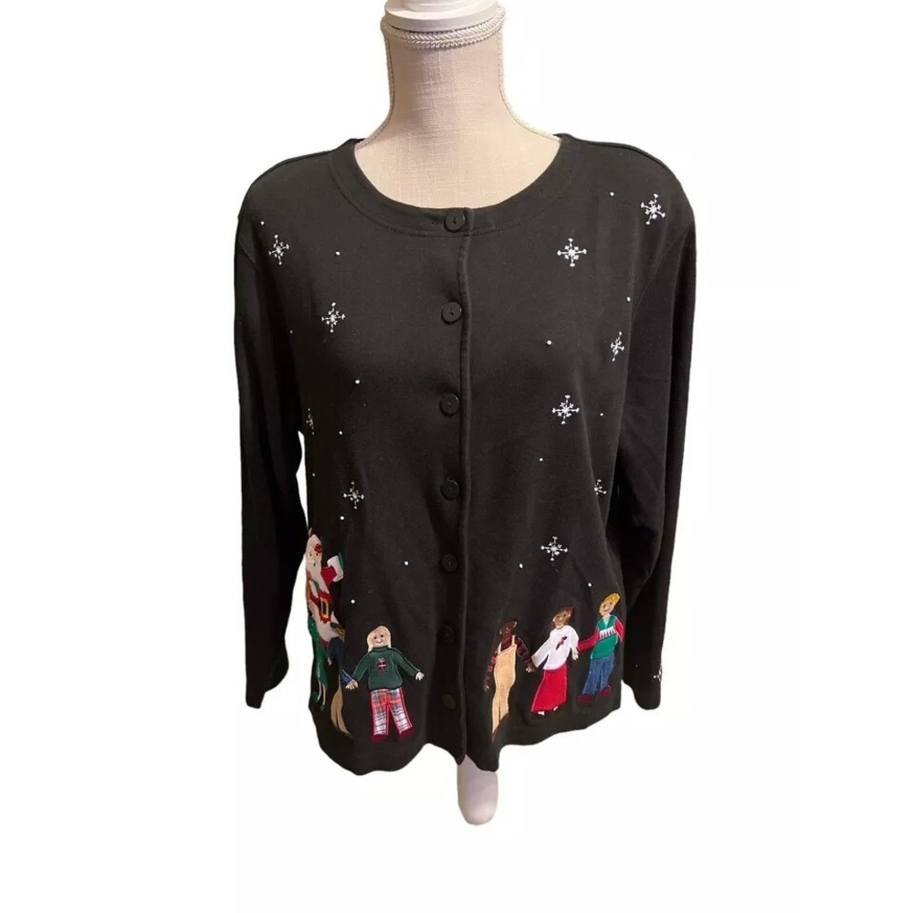 Vintage Bechamel Large Black Christmas Around The World Button Front Cardigan